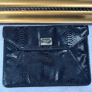 Michael Kors Black Snake-Embossed Envelope Clutch with Gold Plaque